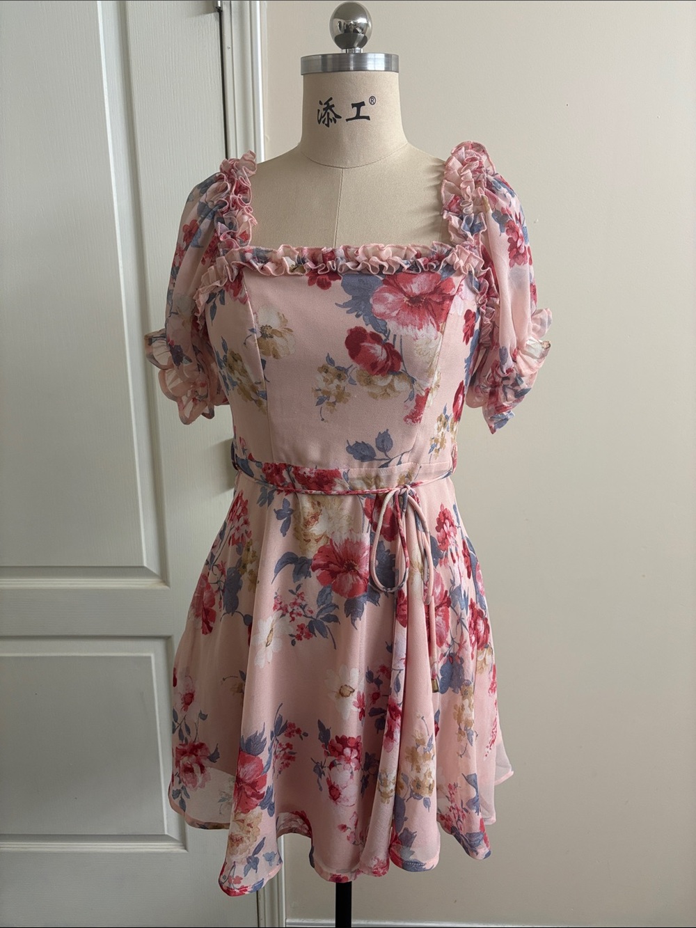 Floral Puff-Sleeve Dress - Pink & Blue